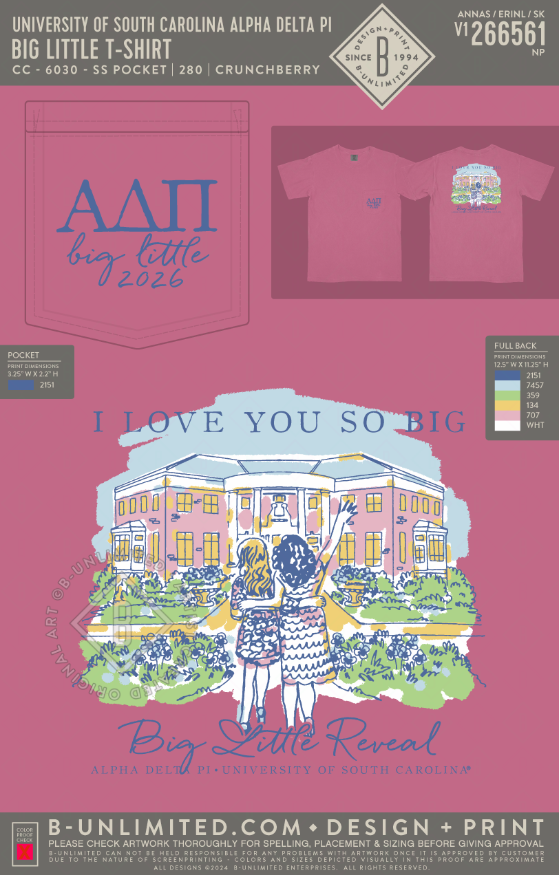 University of South Carolina Alpha Delta Pi - Big Little T-Shirt - CC - 6030 - SS Pocket - Crunchberry
