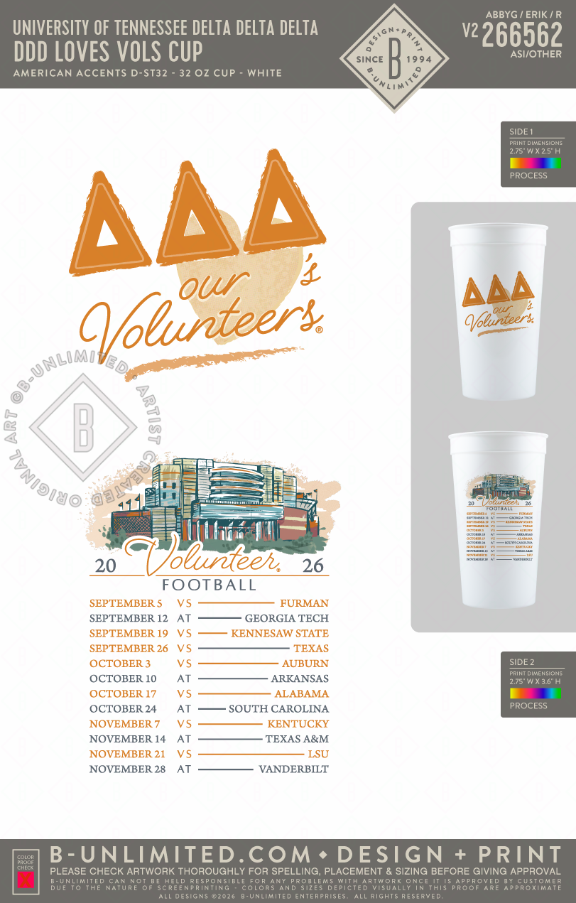 University of Tennessee Delta Delta Delta - DDD Loves Vols Cup - American Accents - D-ST32 - 32 oz Digital Cup - White