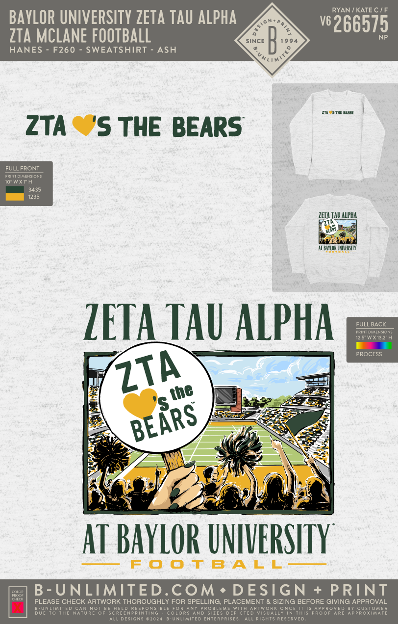 Baylor University Zeta Tau Alpha - ZTA McLane Football - Hanes - F260 - Sweatshirt - Ash