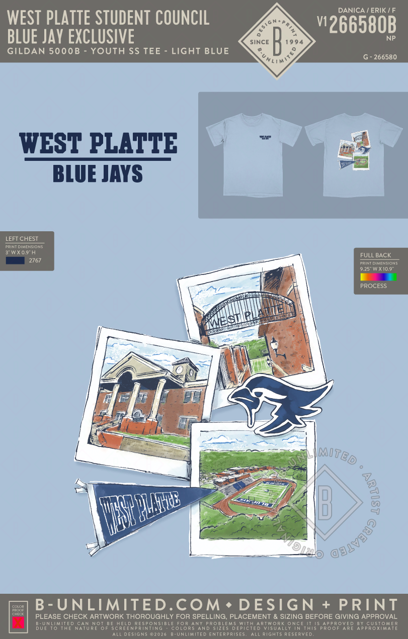 West Platte Student Council - Blue Jay Exclusive YOUTH - Gildan - 5000B - Youth SS Crew - Light Blue