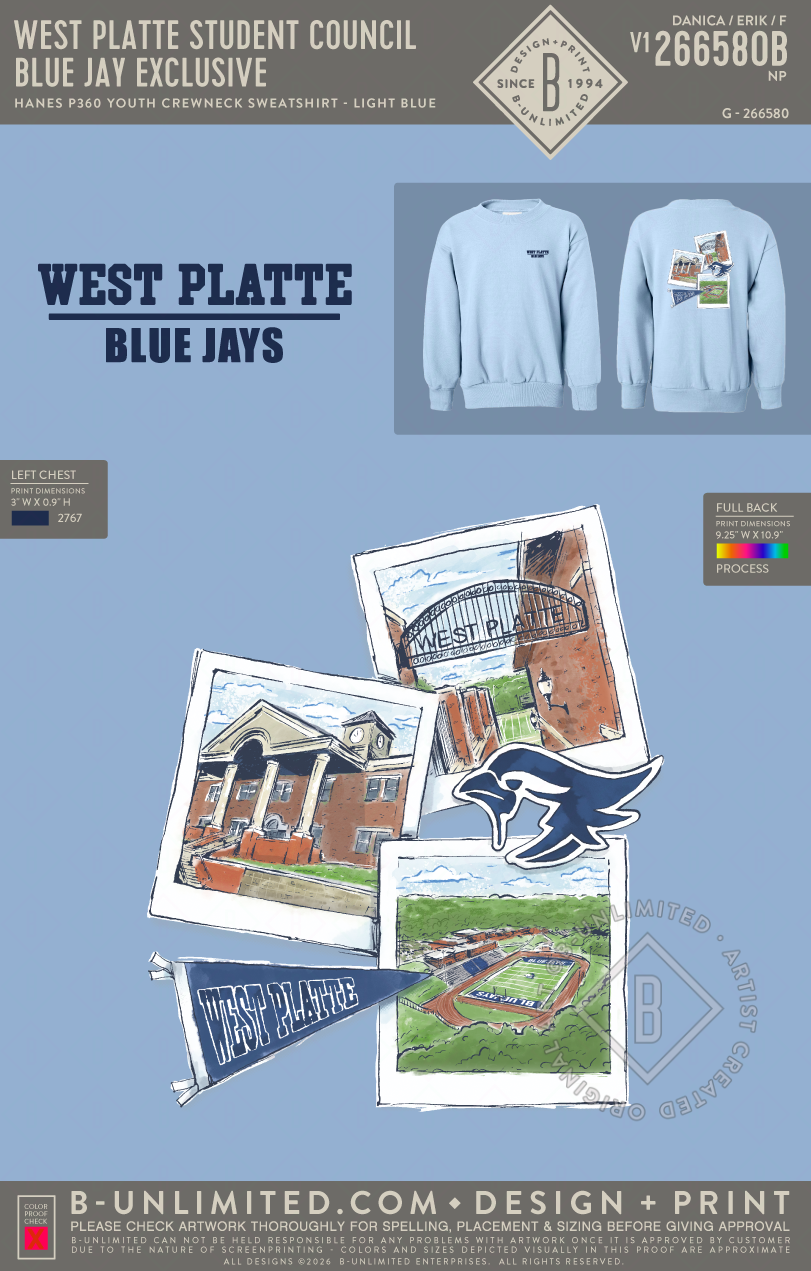 West Platte Student Council - Blue Jay Exclusive YOUTH - Hanes - P360 - Youth Sweatshirt - Light Blue