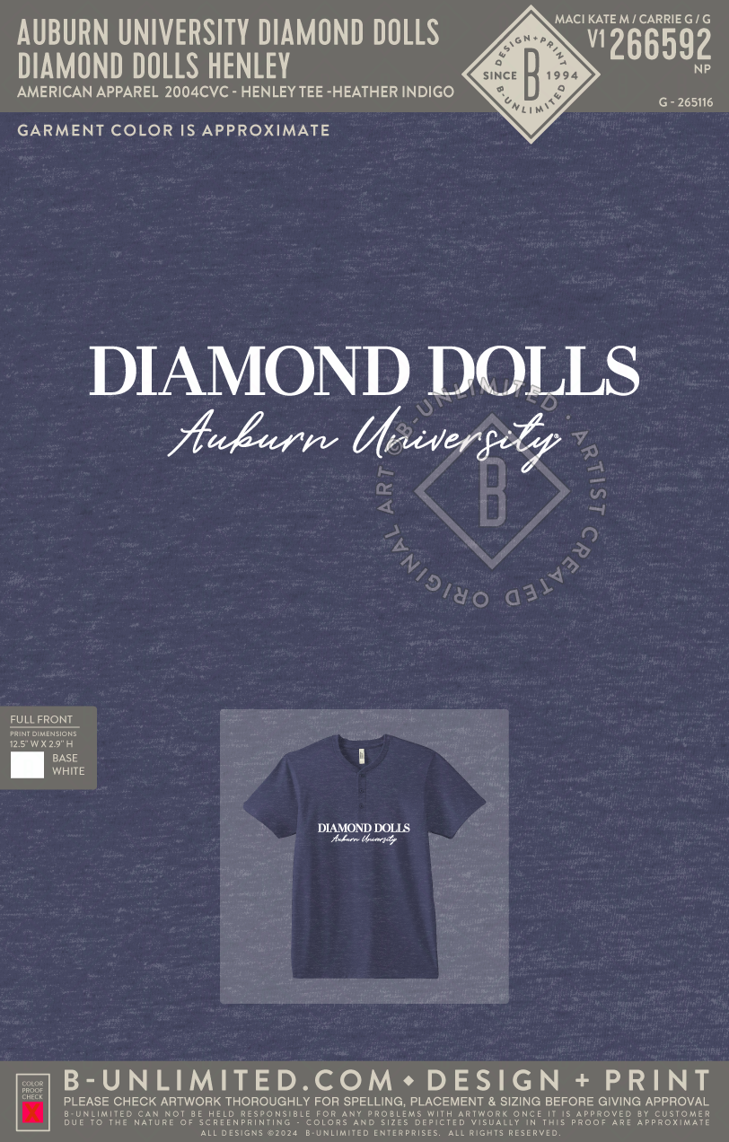 Auburn University Diamond Dolls - Diamond Dolls Henley - American Apparel - 2004CVC - Henley Tee - Heather Indigo