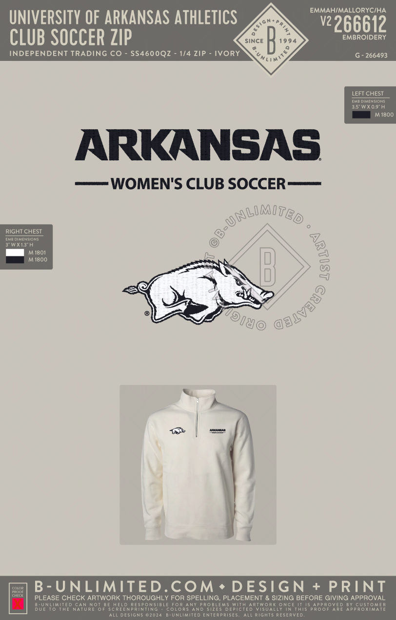 University of Arkansas Athletics - Club Soccer Zip - Independent Trading Co - SS4600QZ - 1/4 Zip - Ivory