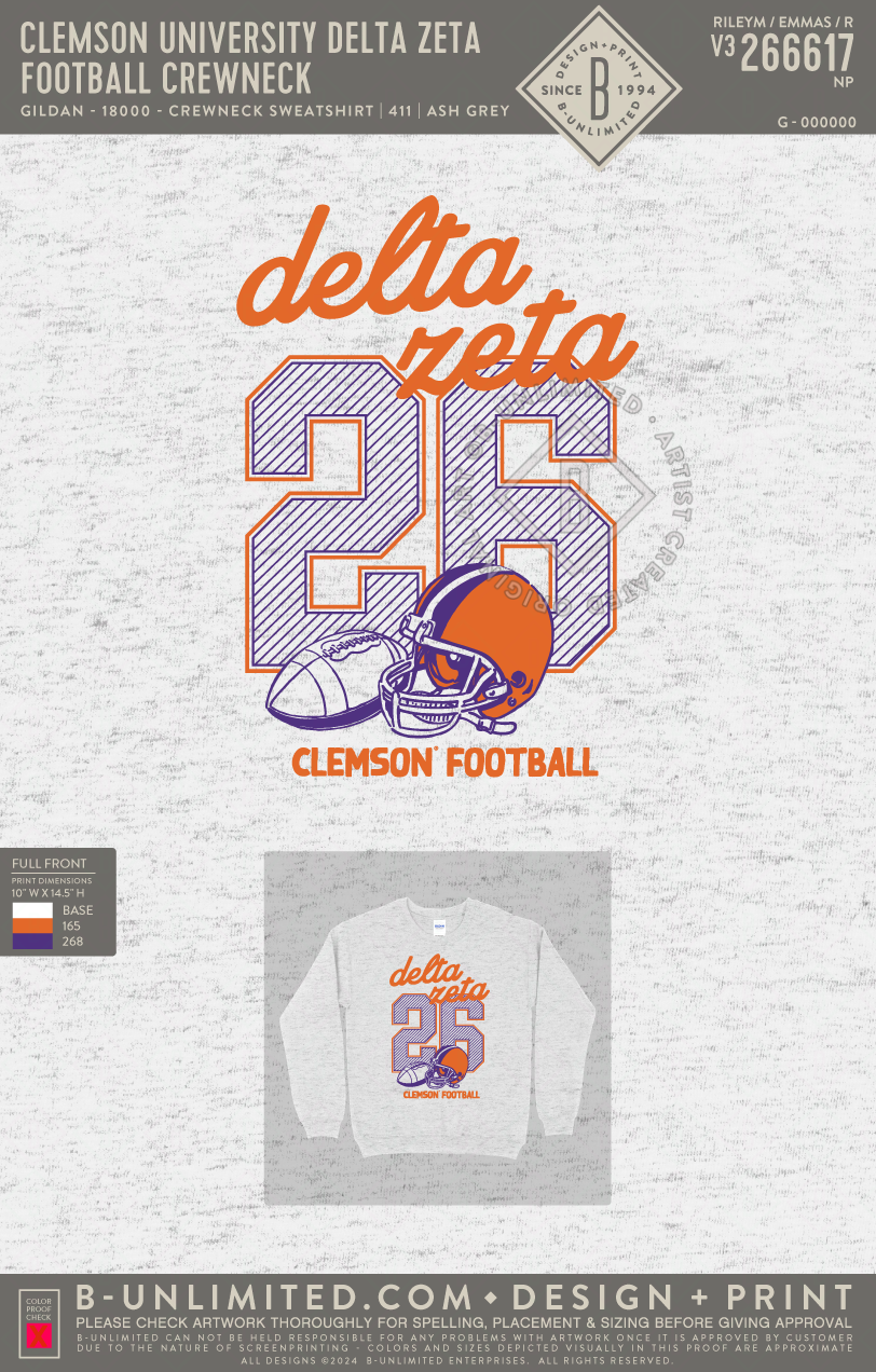 Clemson University Delta Zeta - Football Crewneck - Gildan - 18000 - Crewneck Sweatshirt - Ash Grey