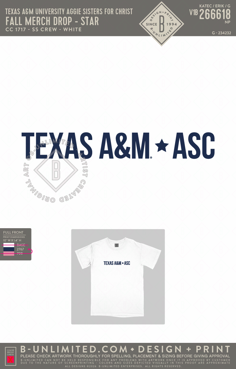Texas A&M University Aggie Sisters For Christ - Fall Merch Drop - Star - CC - 1717 - SS Crew - White