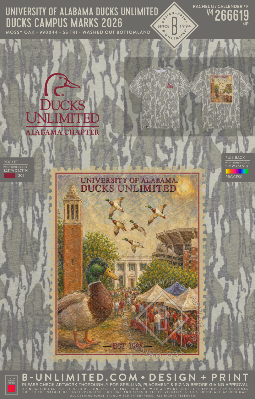 University of Alabama Ducks Unlimited - Ducks Campus Marks 2026 - Mossy Oak - 990044 - Short Sleeve Tri-Blend - Washed Out Orginal Bottomland