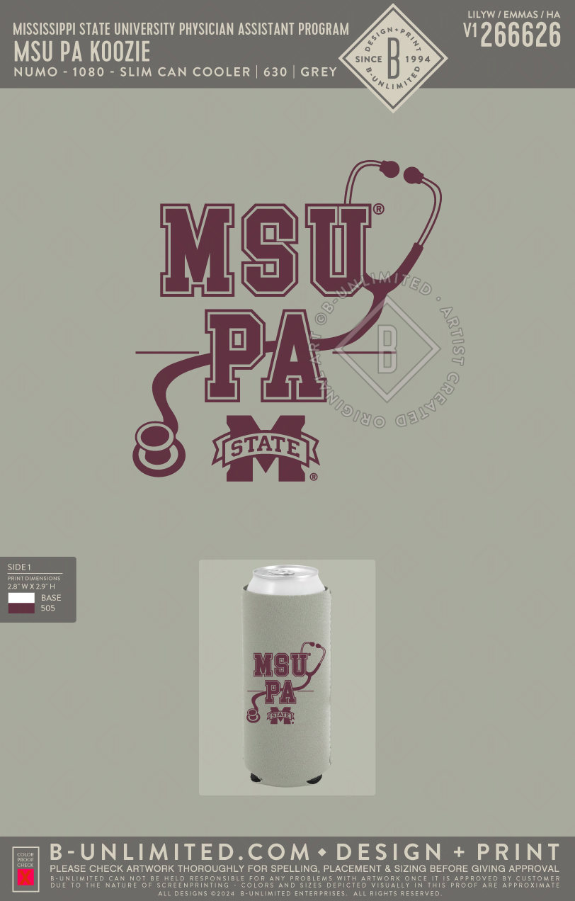 Mississippi State University Physician Assistant Program - MSU PA Koozie - Numo - 1080 - Slim Can Cooler - Gray
