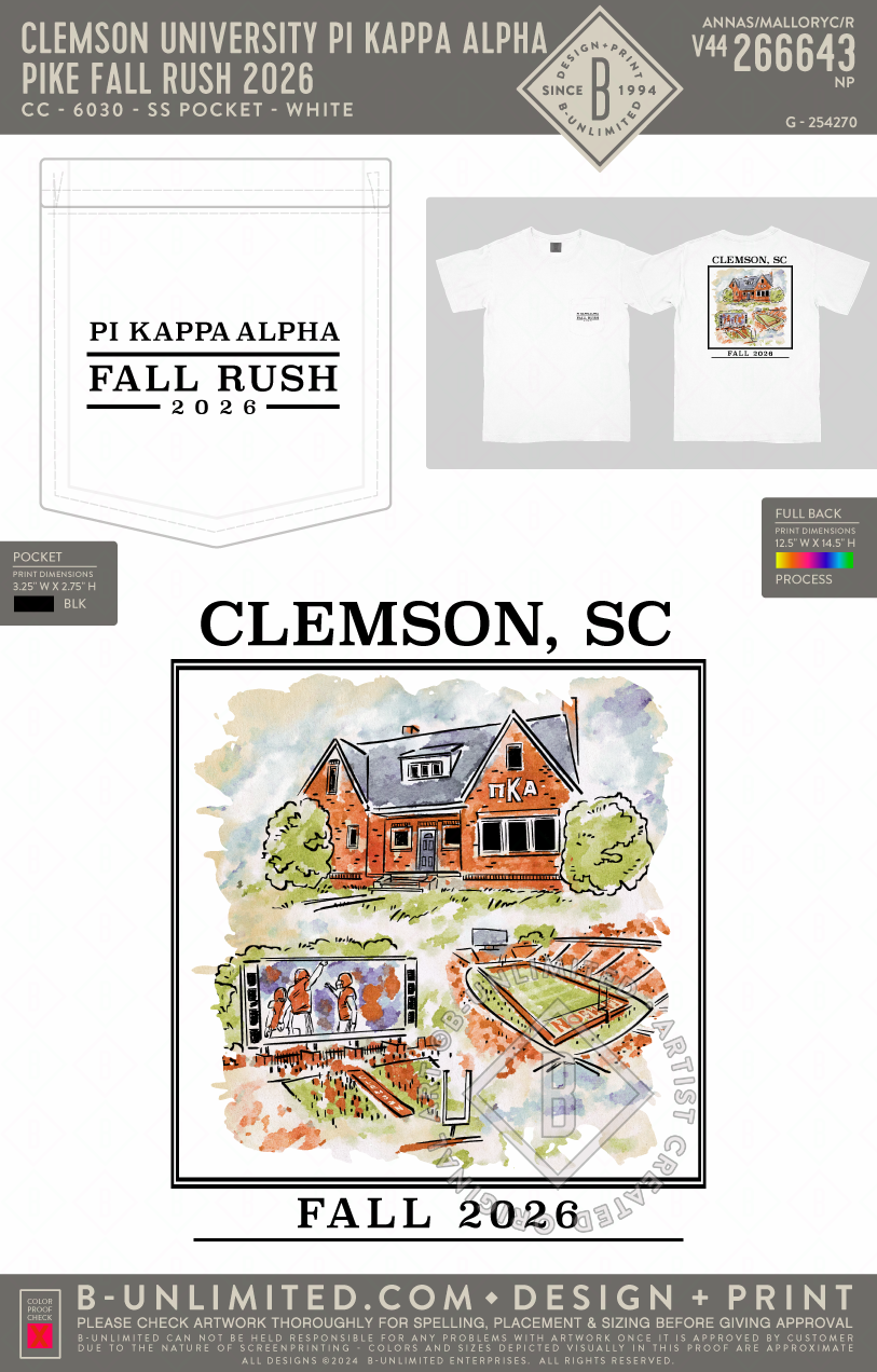 Clemson University Pi Kappa Alpha - Pike Fall Rush 2026 - CC - 6030 - SS Pocket - White