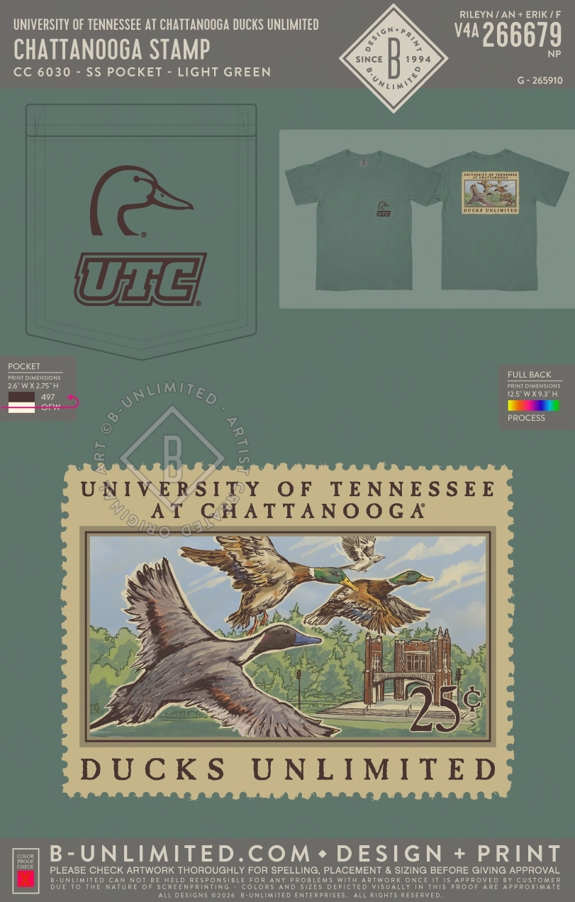 University of Tennessee at Chattanooga Ducks Unlimited - Chattanooga Stamp - CC - 6030 - SS Pocket - Light Green