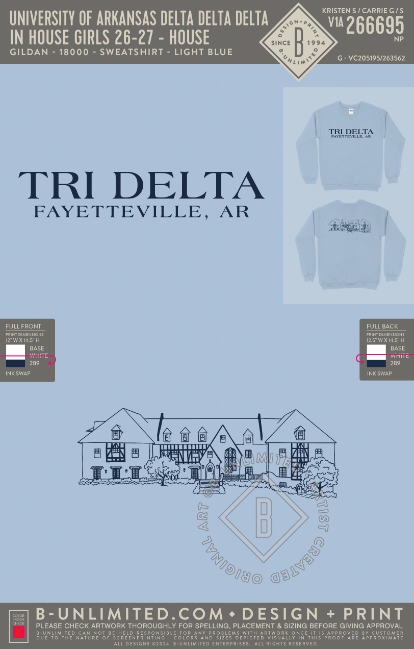 University of Arkansas Delta Delta Delta - In House Girls 26-27 - House - Gildan - 18000 - Crewneck Sweatshirt - Light Blue