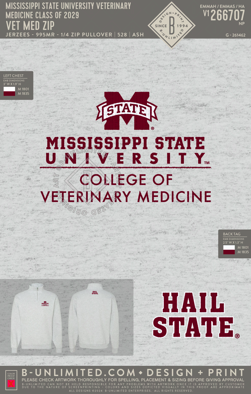 Mississippi State University Veterinary Medicine Class of 2029 - Vet Med Zip - Jerzees - 995MR - 1/4 Zip Pullover - Ash