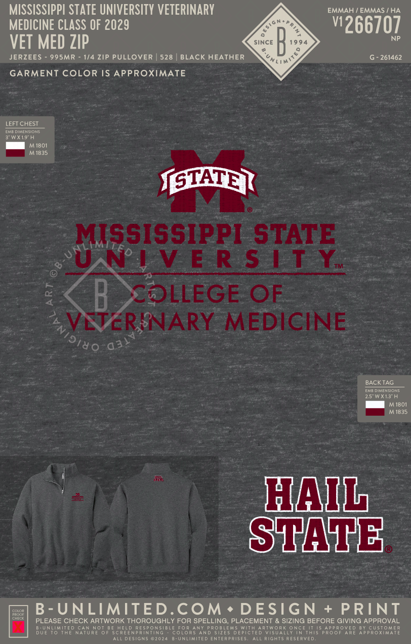 Mississippi State University Veterinary Medicine Class of 2029 - Vet Med Zip - Jerzees - 995MR - 1/4 Zip Pullover - Black Heather