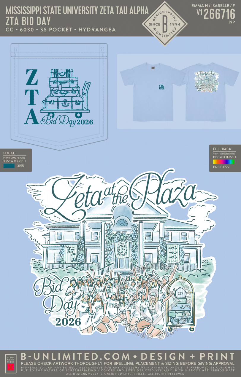 Mississippi State University Zeta Tau Alpha - ZTA Bid Day - CC - 6030 - SS Pocket - Hydrangea