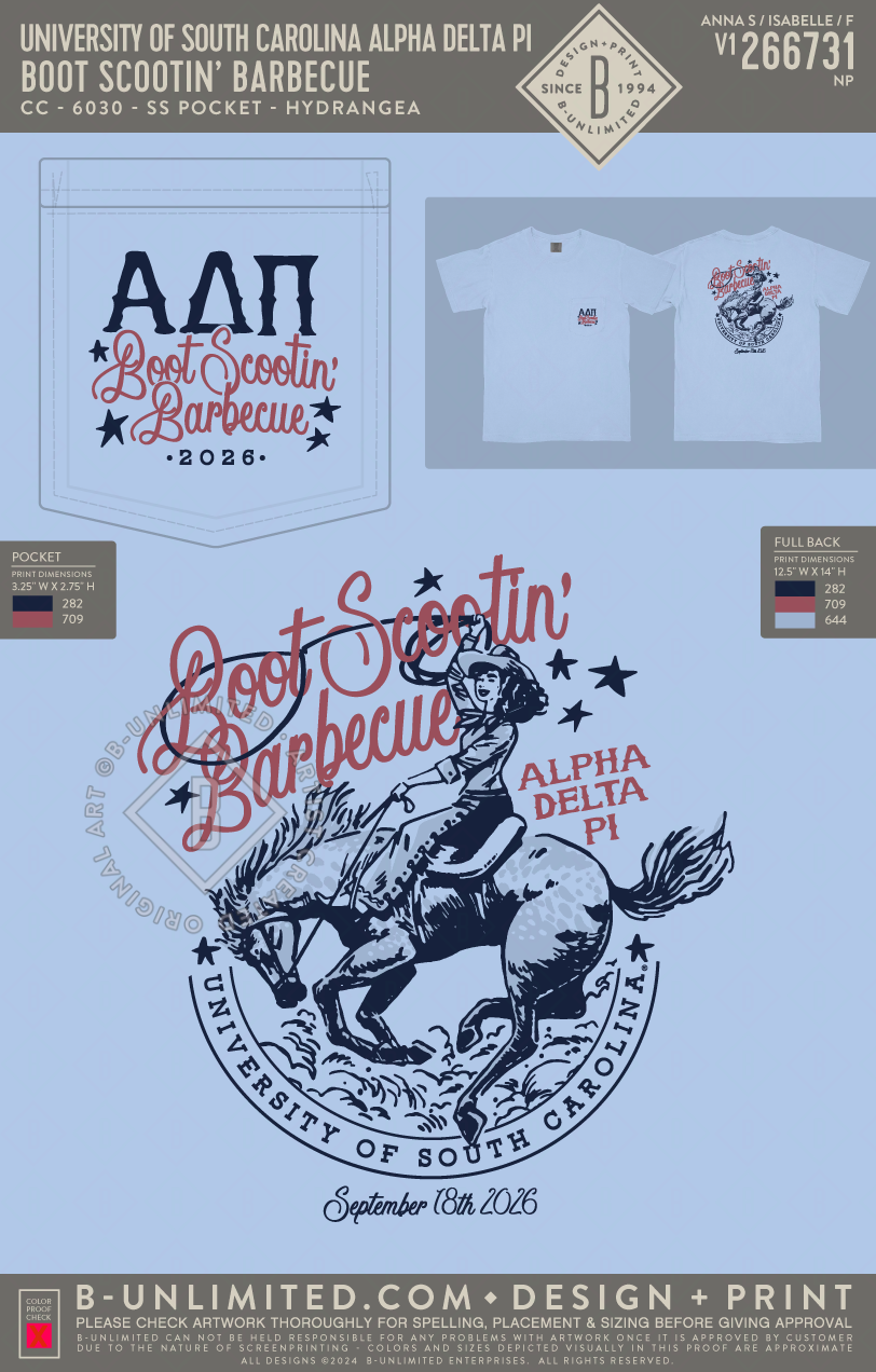 University of South Carolina Alpha Delta Pi - Boot Scootin’ Barbecue - CC - 6030 - SS Pocket - Hydrangea