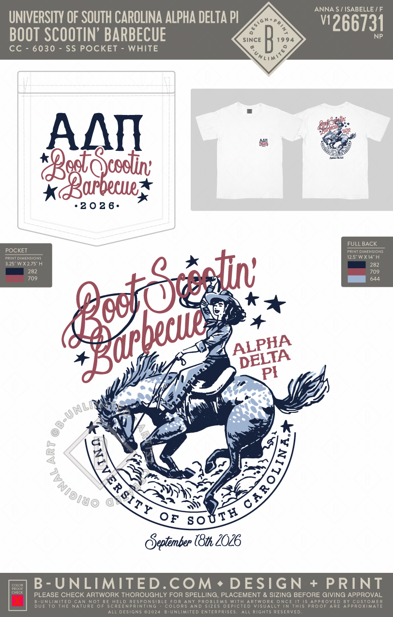 University of South Carolina Alpha Delta Pi - Boot Scootin’ Barbecue - CC - 6030 - SS Pocket - White