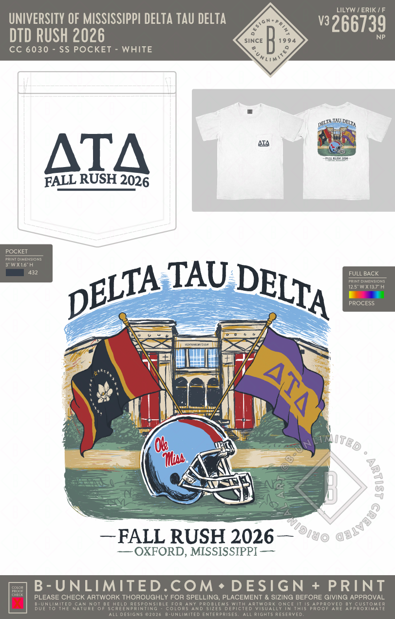 University of Mississippi Delta Tau Delta - DTD Rush 2026 - CC - 6030 - SS Pocket - White
