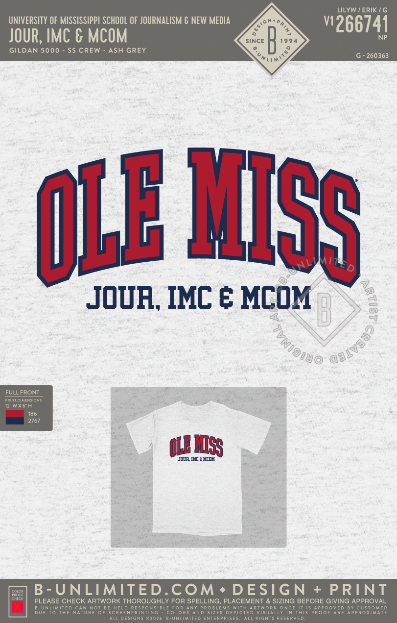 University of Mississippi School of Journalism & New Media - JOUR, IMC & MCOM - Gildan - 5000 - SS Crew - Ash Grey