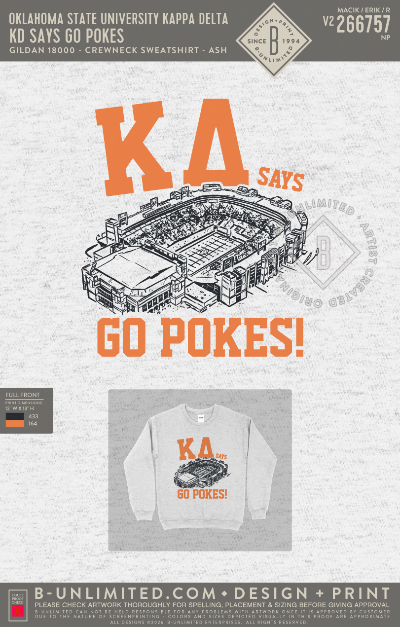 Oklahoma State University Kappa Delta - KD Says Go Pokes - Gildan - 18000 - Crewneck Sweatshirt - Ash Grey