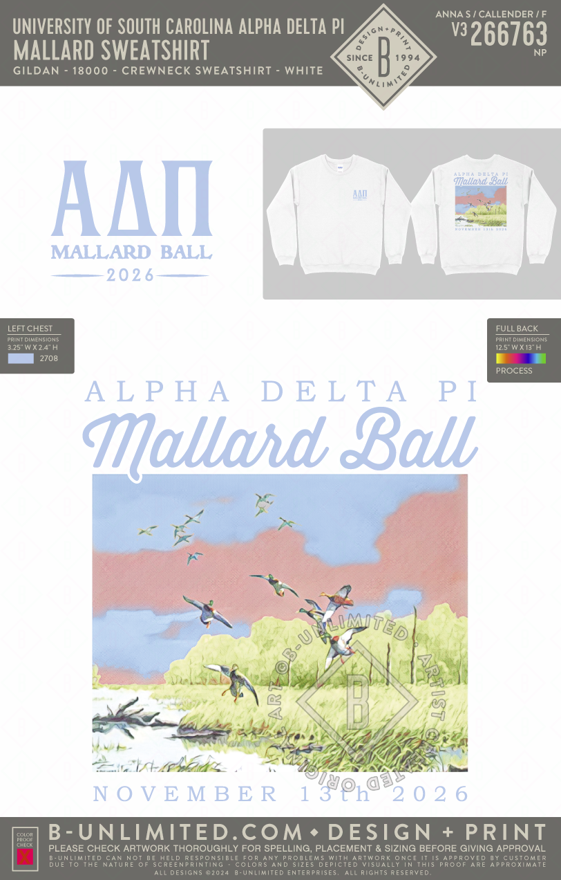 University of South Carolina Alpha Delta Pi - Mallard Sweatshirt - Gildan - 18000 - Crewneck Sweatshirt - White