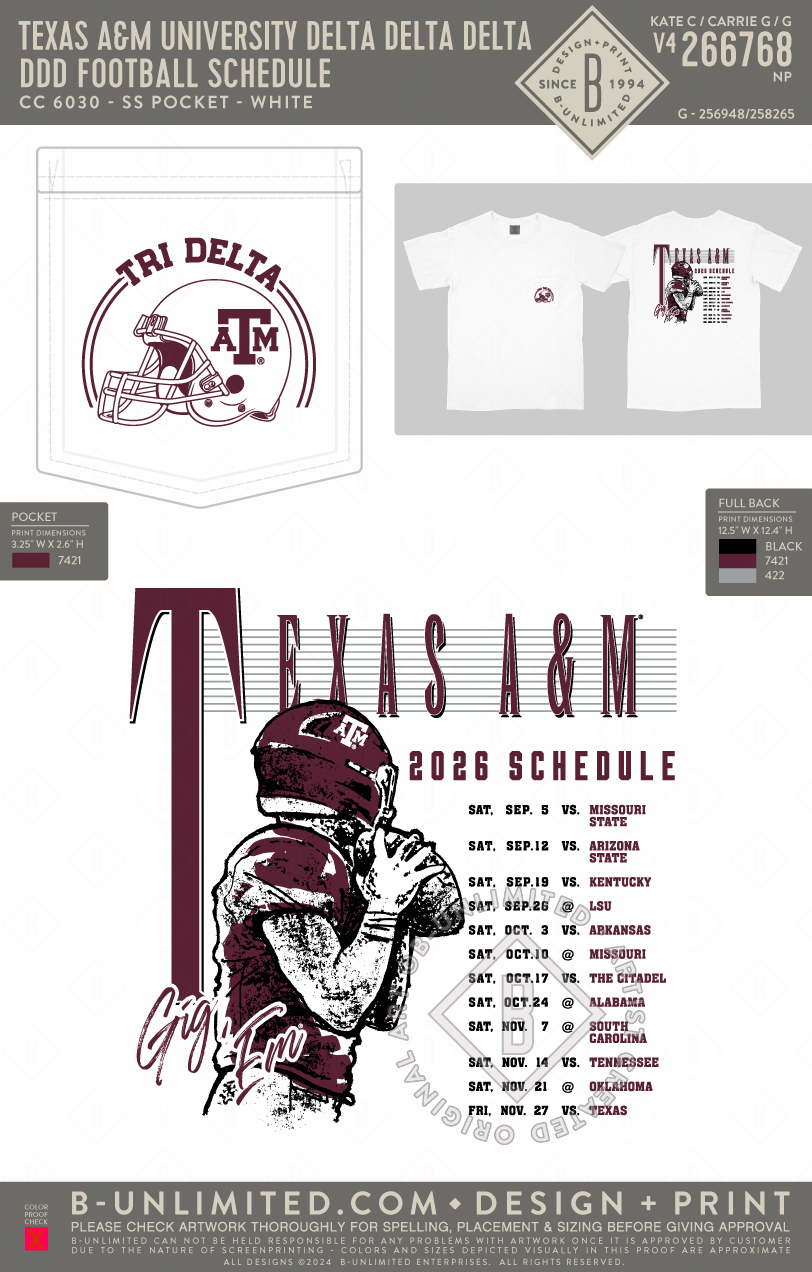 Texas A&M University Delta Delta Delta - DDD Football Schedule - CC - 6030 - SS Pocket - White