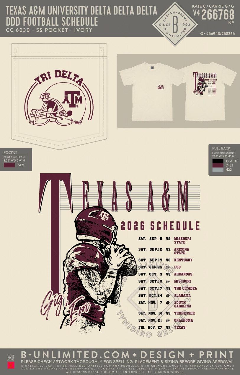 Texas A&M University Delta Delta Delta - DDD Football Schedule - CC - 6030 - SS Pocket - Ivory