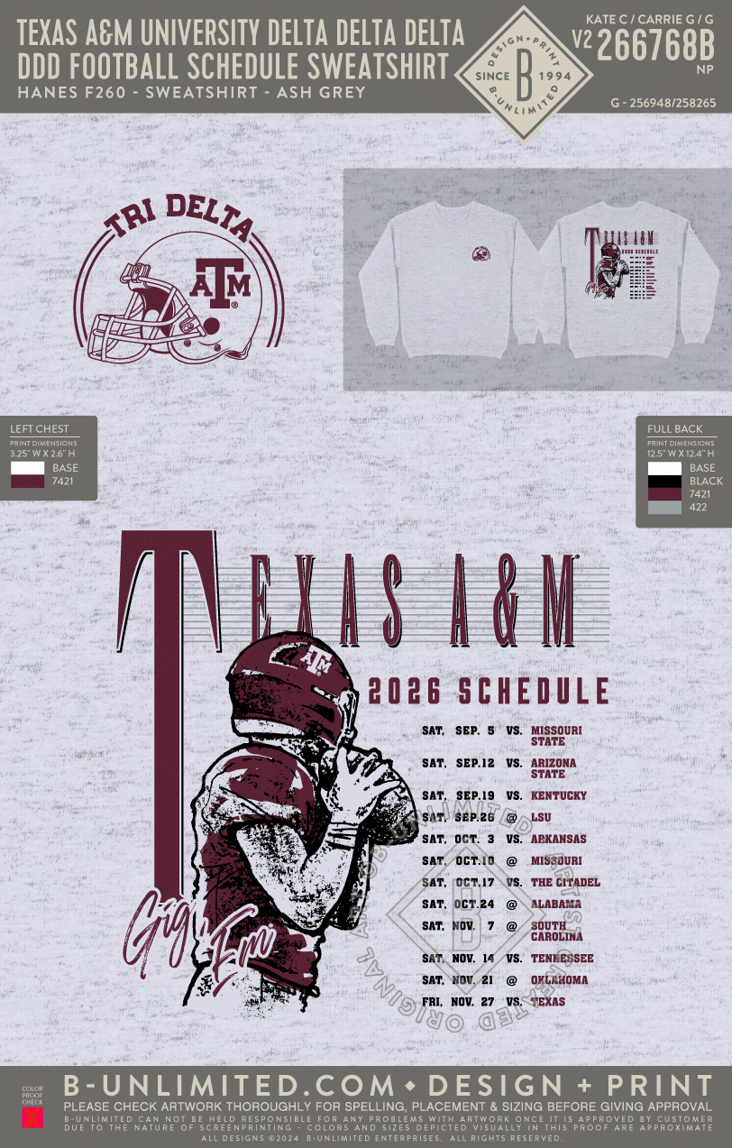 Texas A&M University Delta Delta Delta - DDD Football Schedule Sweatshirt - Hanes - F260 - Sweatshirt - Ash