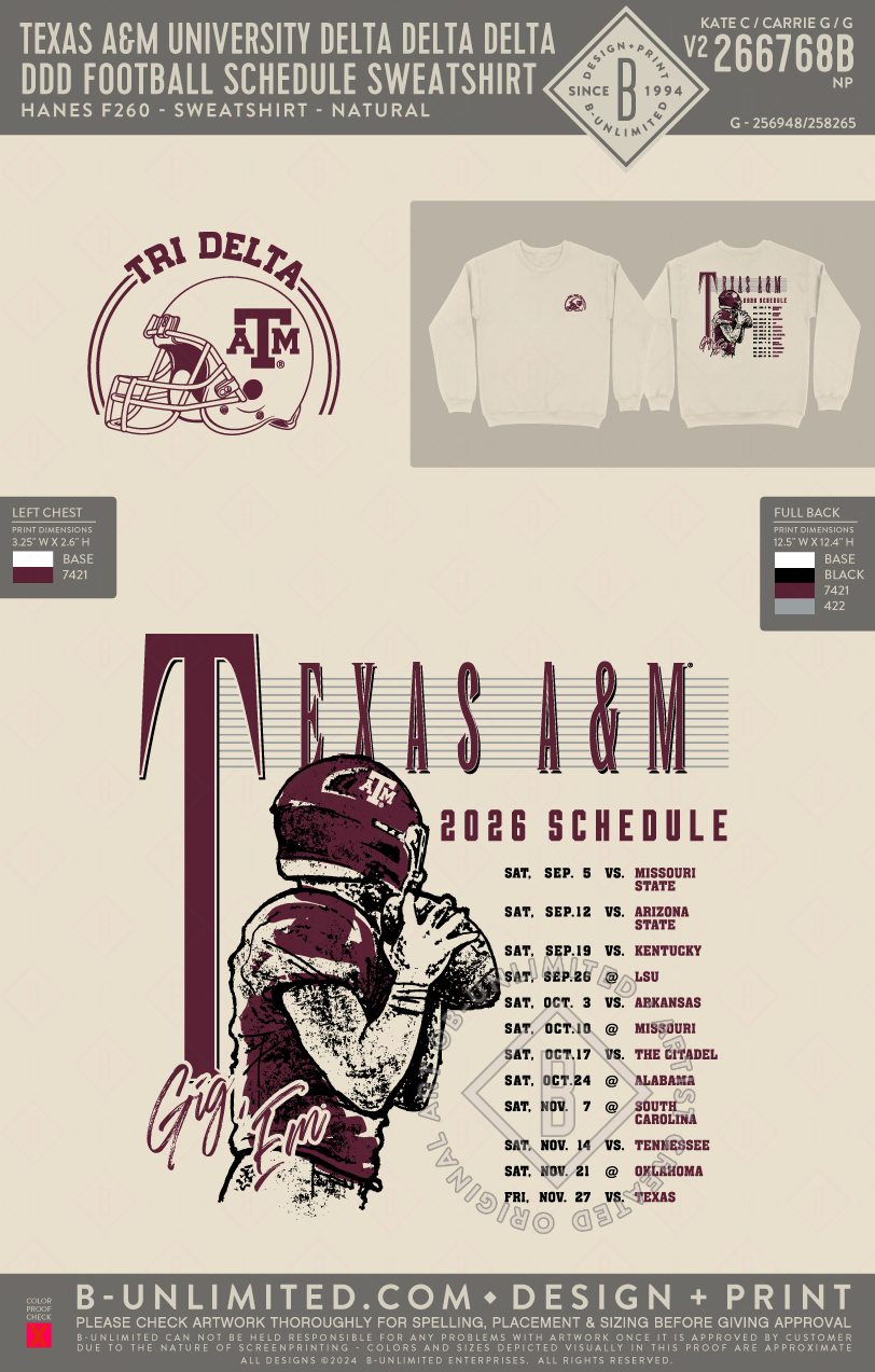 Texas A&M University Delta Delta Delta - DDD Football Schedule Sweatshirt - Hanes - F260 - Sweatshirt - Natural