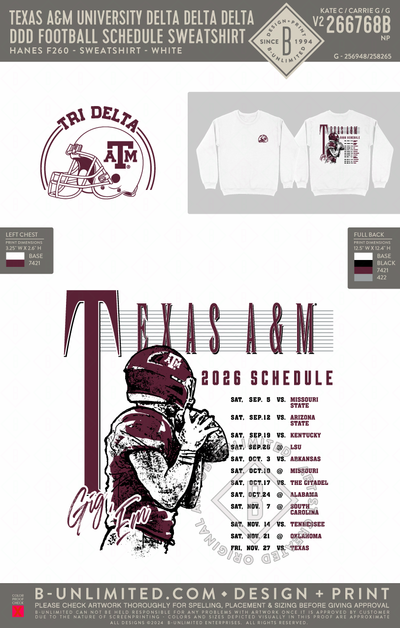 Texas A&M University Delta Delta Delta - DDD Football Schedule Sweatshirt - Hanes - F260 - Sweatshirt - White