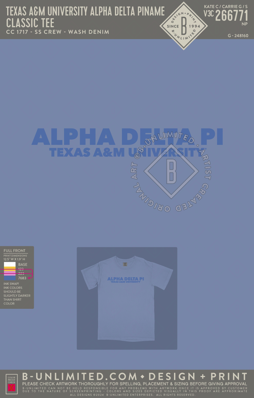 Texas A&M University Alpha Delta Pi - Classic Tee - CC - 1717 - SS Crew - Washed Denim