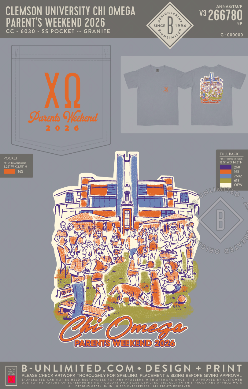 Clemson University Chi Omega - Parent's Weekend 2026 - CC - 6030 - SS Pocket - Granite