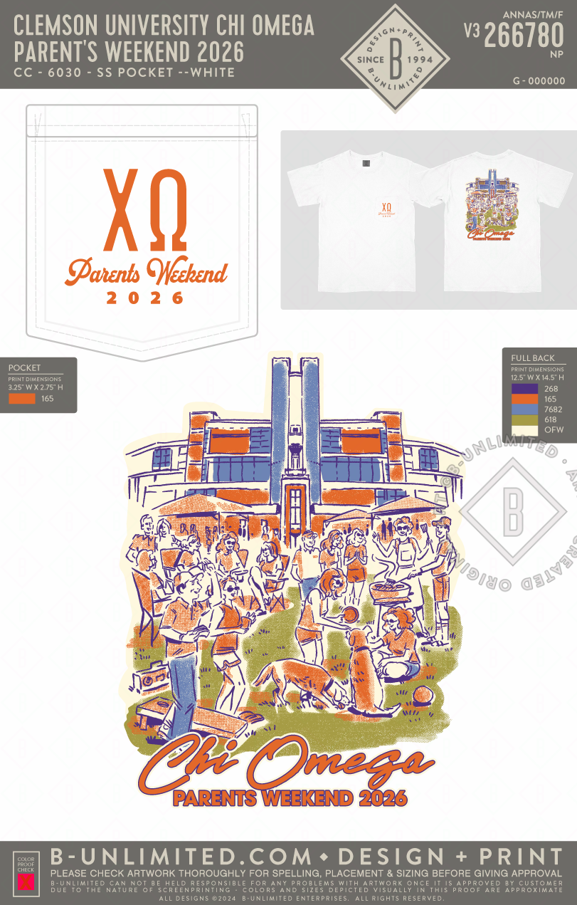 Clemson University Chi Omega - Parent's Weekend 2026 - CC - 6030 - SS Pocket - White