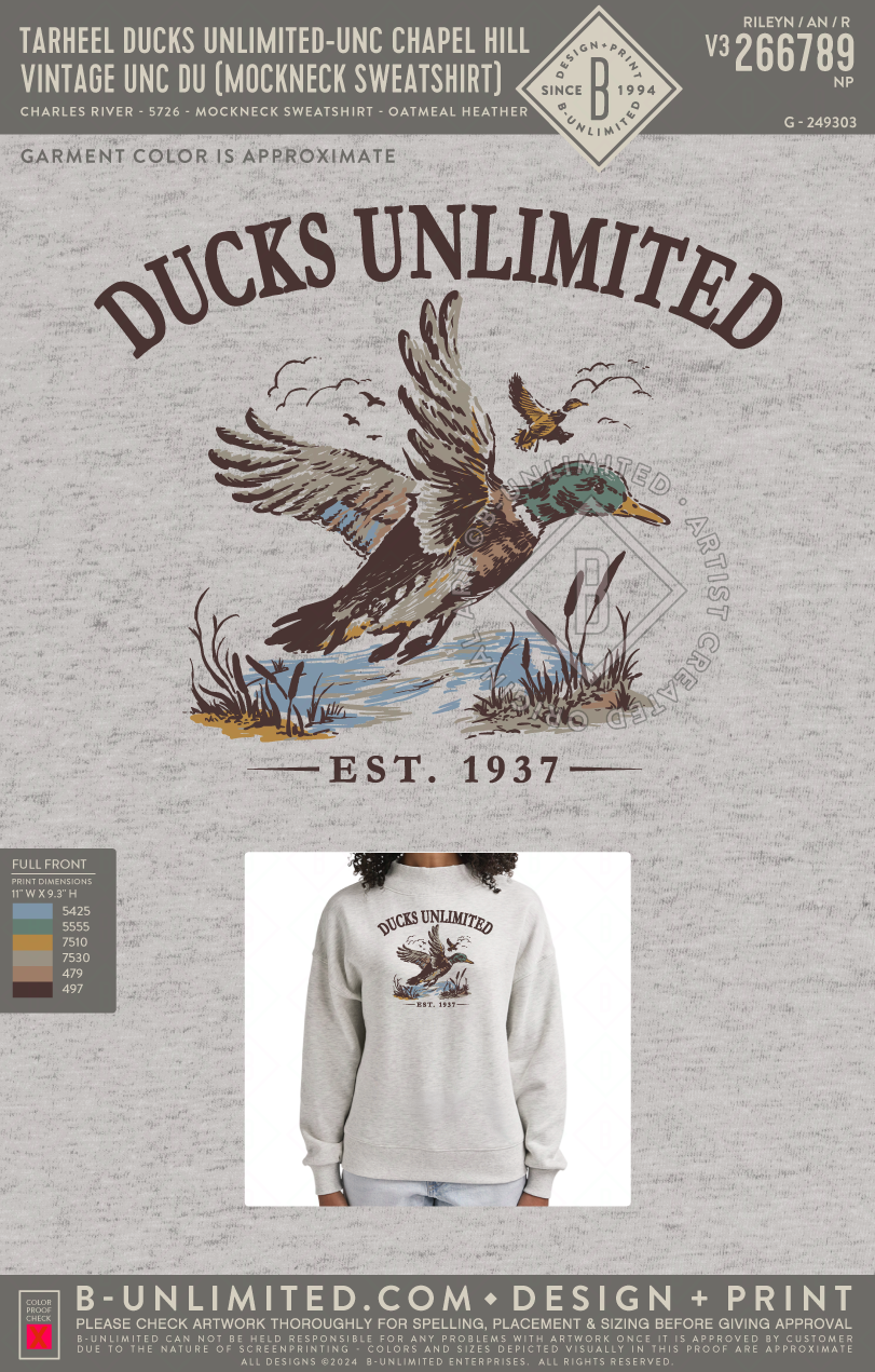 Tarheel Ducks Unlimited (UNC Chapel Hill) - Vintage UNC DU (Mockneck Sweatshirt) - Charles River - 5726 - Mockneck - Oatmeal Heather