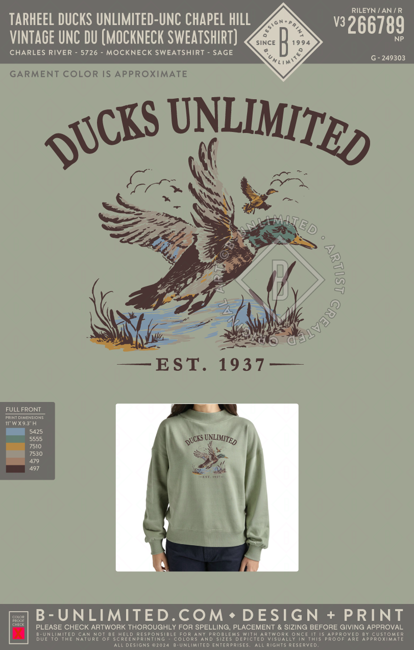 Tarheel Ducks Unlimited (UNC Chapel Hill) - Vintage UNC DU (Mockneck Sweatshirt) - Charles River - 5726 - Mockneck - Sage