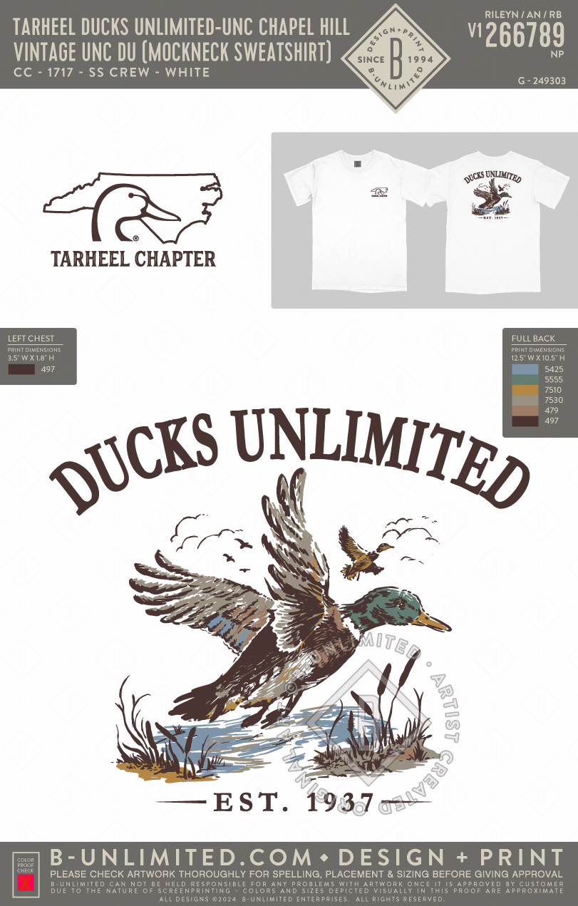 Tarheel Ducks Unlimited (UNC Chapel Hill) - Vintage UNC DU (T-Shirt) - CC - 1717 - SS Crew - White
