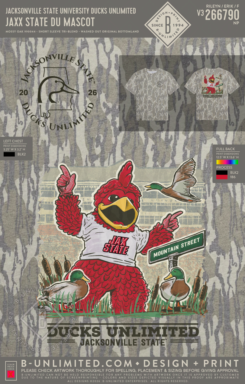 Jacksonville State University Ducks Unlimited - Jaxx State DU Mascot - Mossy Oak - 990044 - Short Sleeve Tri-Blend - Washed Out Orginal Bottomland