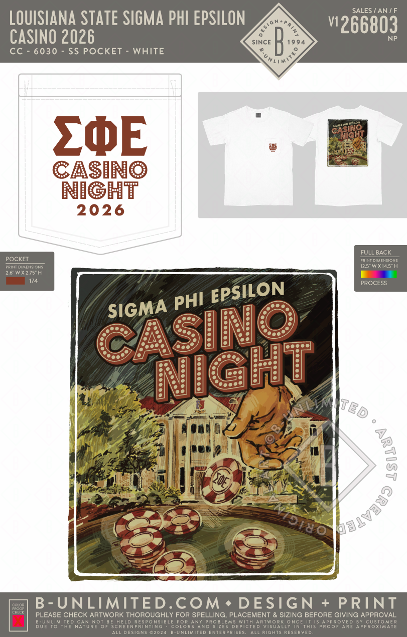 Louisiana State University Sigma Phi Epsilon - Casino 2026 - CC - 6030 - SS Pocket - White