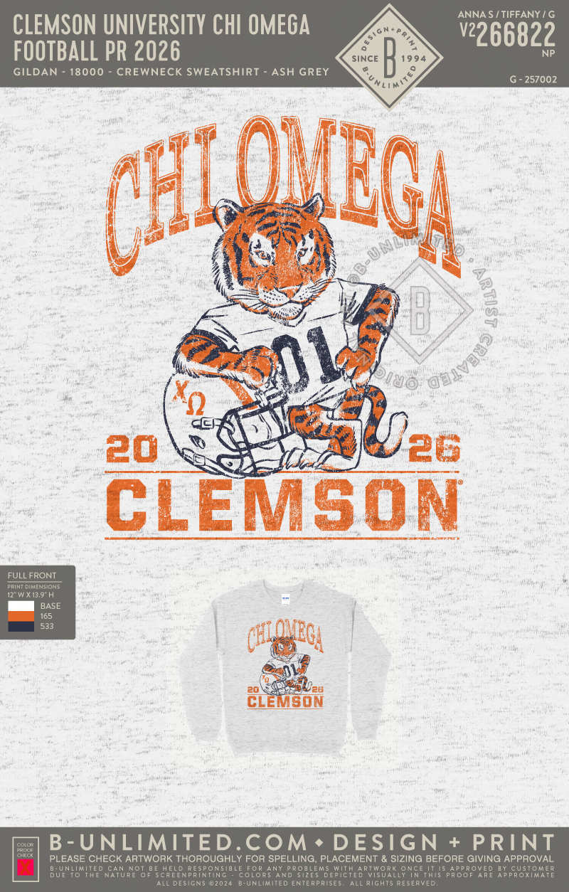 Clemson University Chi Omega - Football PR 2026 - Gildan - 18000 - Crewneck Sweatshirt - Ash Grey