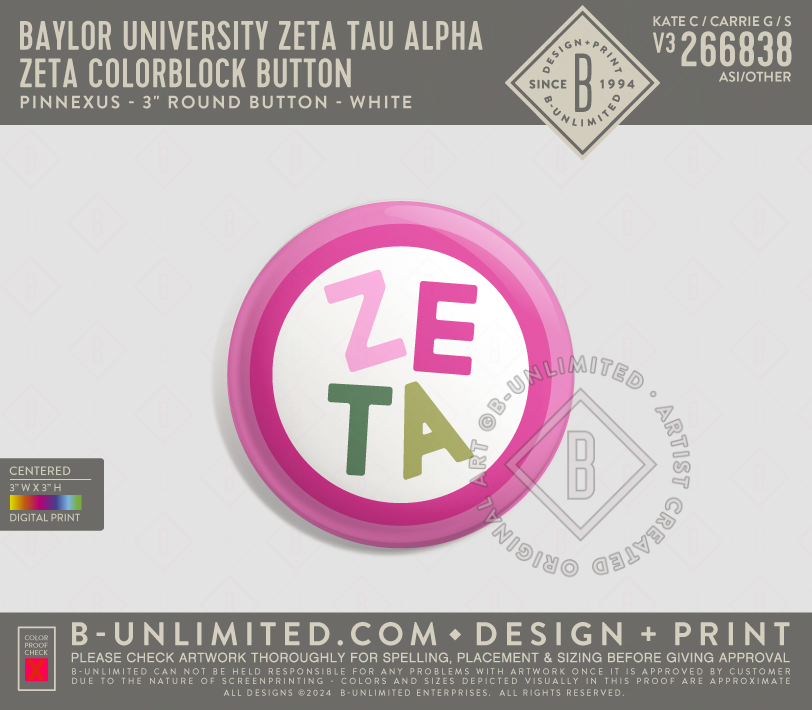 Baylor University Zeta Tau Alpha - Zeta Colorblock Button - PinNexus - PXRB - 3" Round Button - Multi