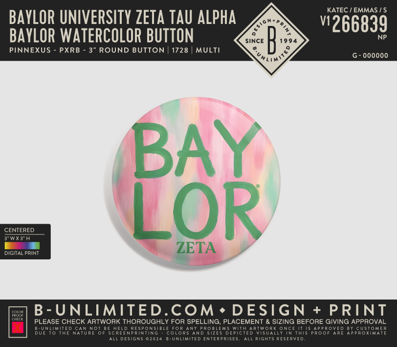 Baylor University Zeta Tau Alpha - Baylor Watercolor Button - PinNexus - PXRB - 3" Round Button - Multi