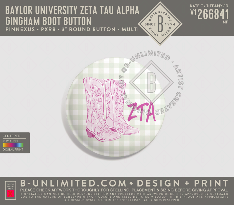 Baylor University Zeta Tau Alpha - Gingham Boot Button - PinNexus - PXRB - 3" Round Button - Multi
