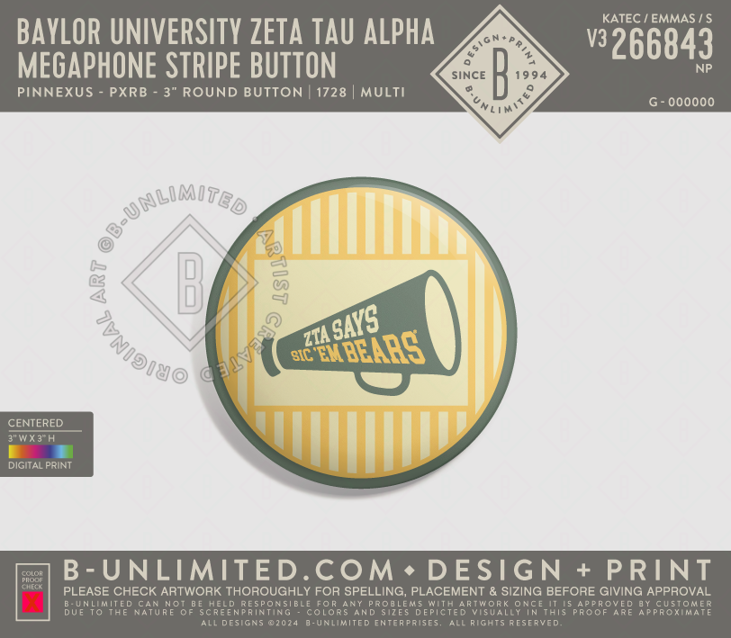 Baylor University Zeta Tau Alpha - Megaphone Stripe Button - PinNexus - PXRB - 3" Round Button - Multi
