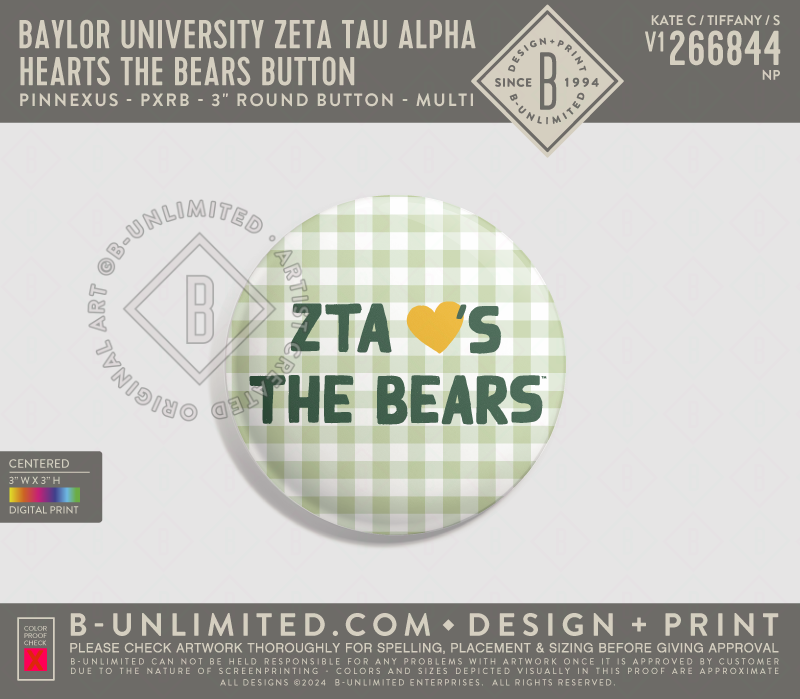Baylor University Zeta Tau Alpha - Hearts the Bears Button - PinNexus - PXRB - 3" Round Button - Multi
