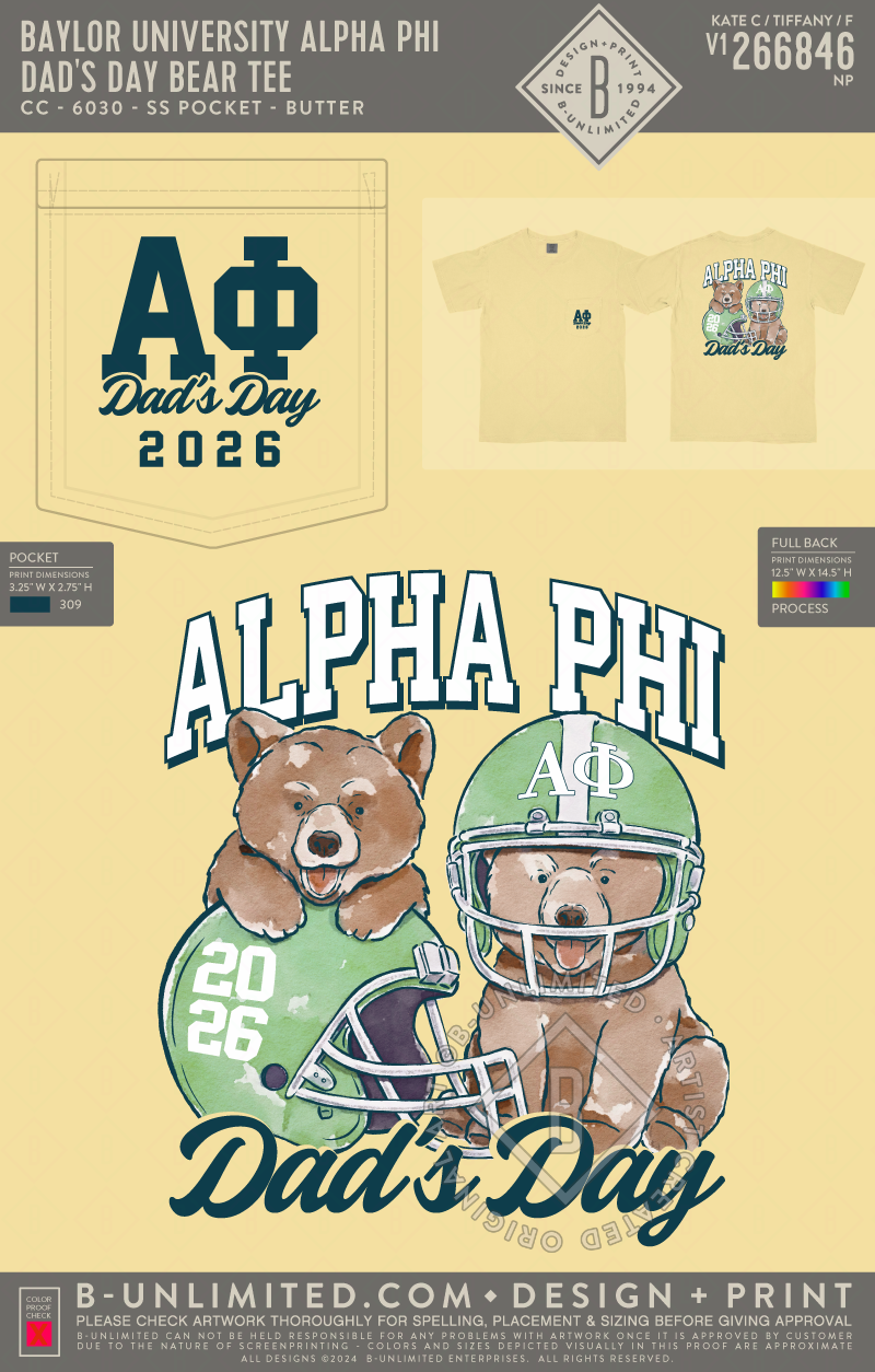 Baylor University Alpha Phi - Dad's Day Bear Tee - CC - 6030 - SS Pocket - Butter