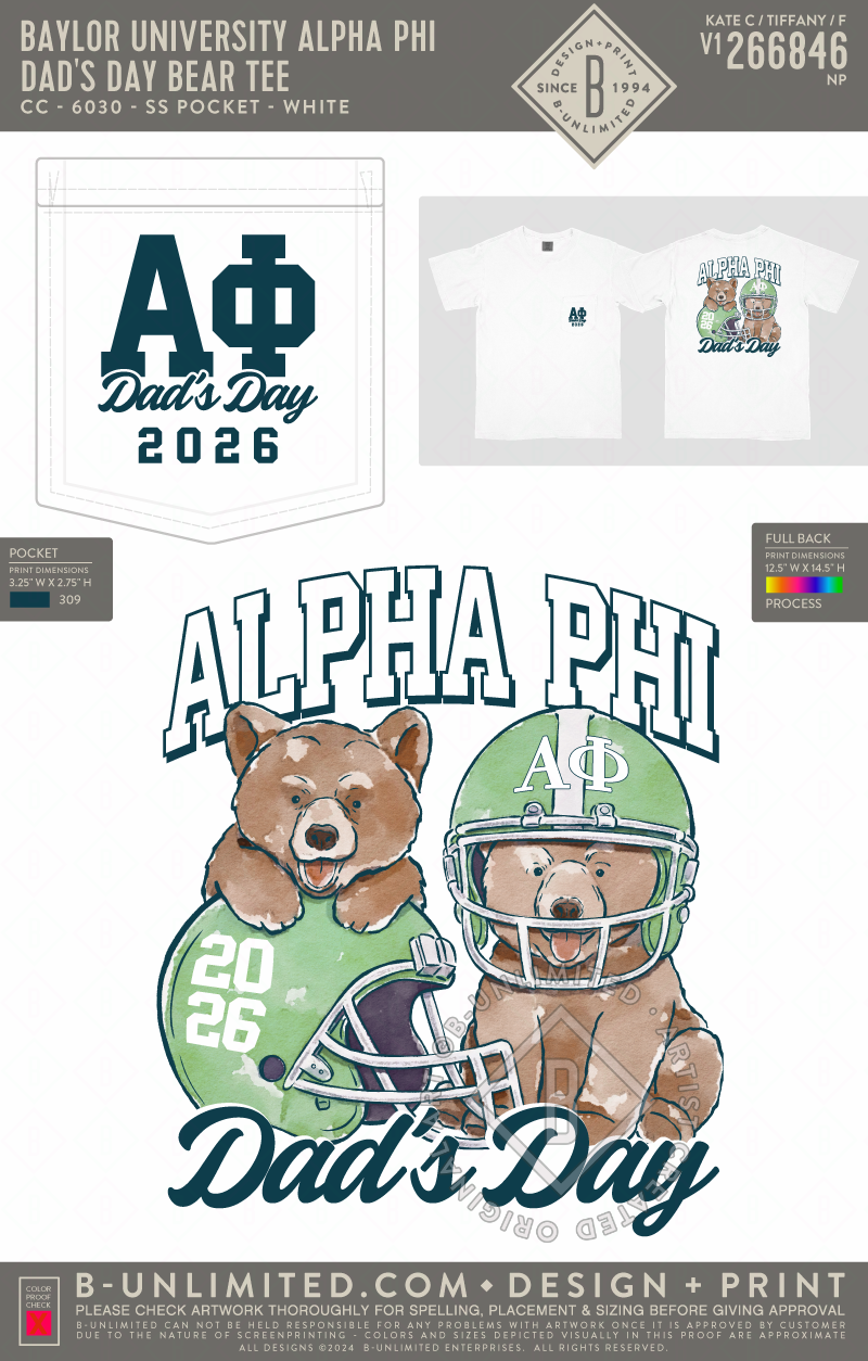 Baylor University Alpha Phi - Dad's Day Bear Tee - CC - 6030 - SS Pocket - White