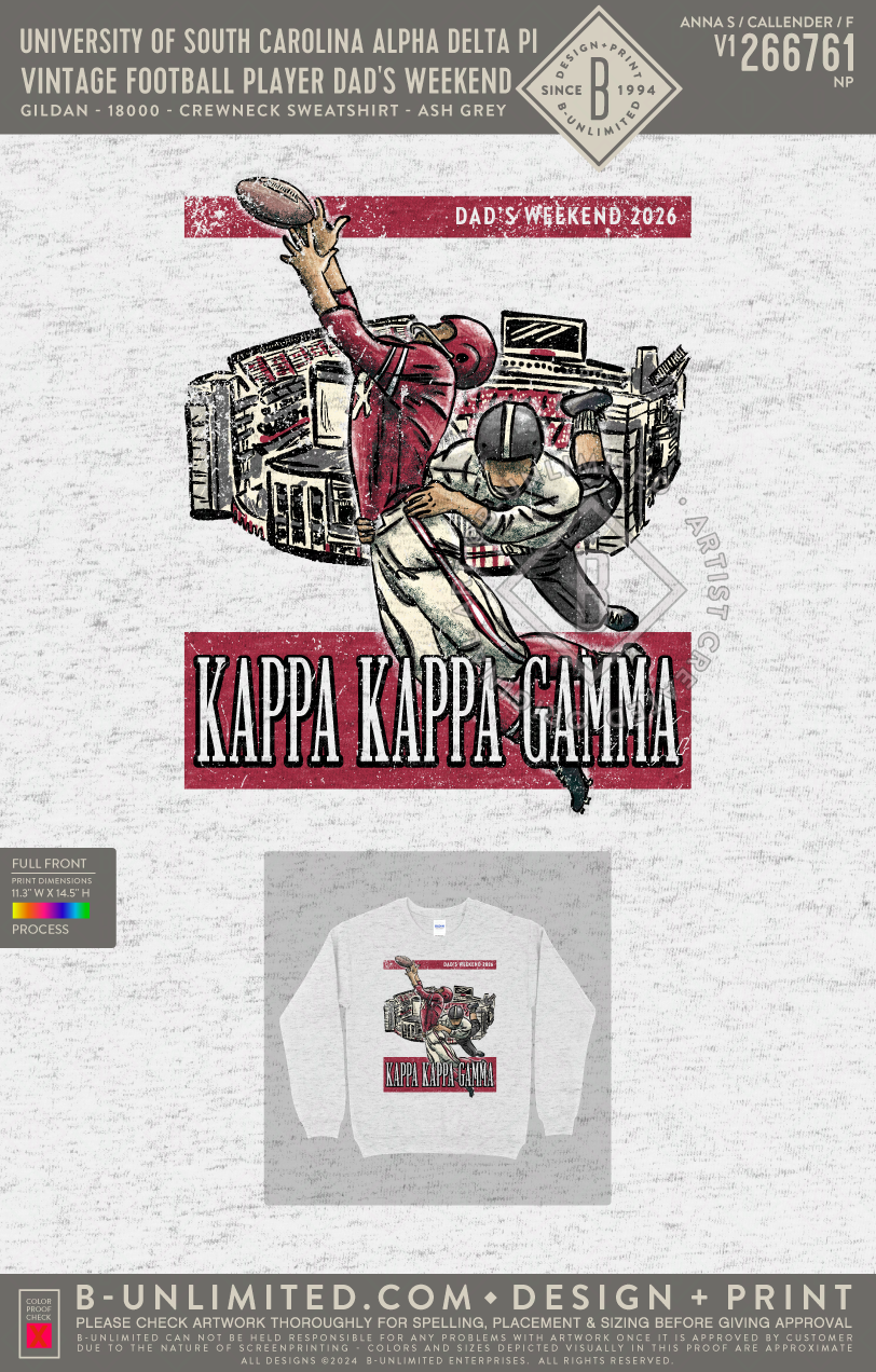 University of Arkansas Kappa Kappa Gamma - Vintage Football Player Dad's Weekend - Gildan - 18000 - Crewneck Sweatshirt - Ash Grey