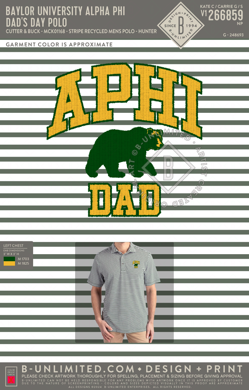 Baylor University Alpha Phi - Dad's Day Polo - Cutter & Buck - MCK01168 - Virtue Eco Pique Stripe Recycled Mens Polo - Hunter Green