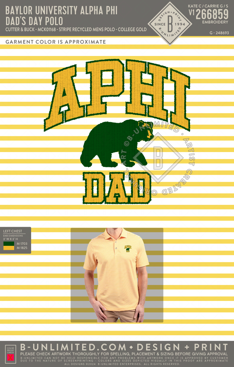 Baylor University Alpha Phi - Dad's Day Polo - Cutter & Buck - MCK01168 - Virtue Eco Pique Stripe Recycled Mens Polo - College Gold
