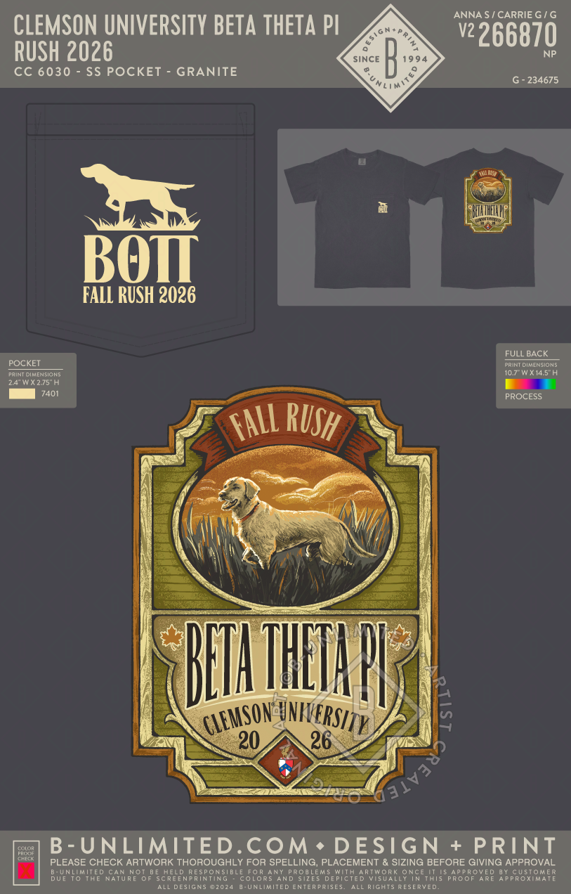 Clemson University Beta Theta Pi - Rush 2026 - CC - 6030 - SS Pocket - Graphite