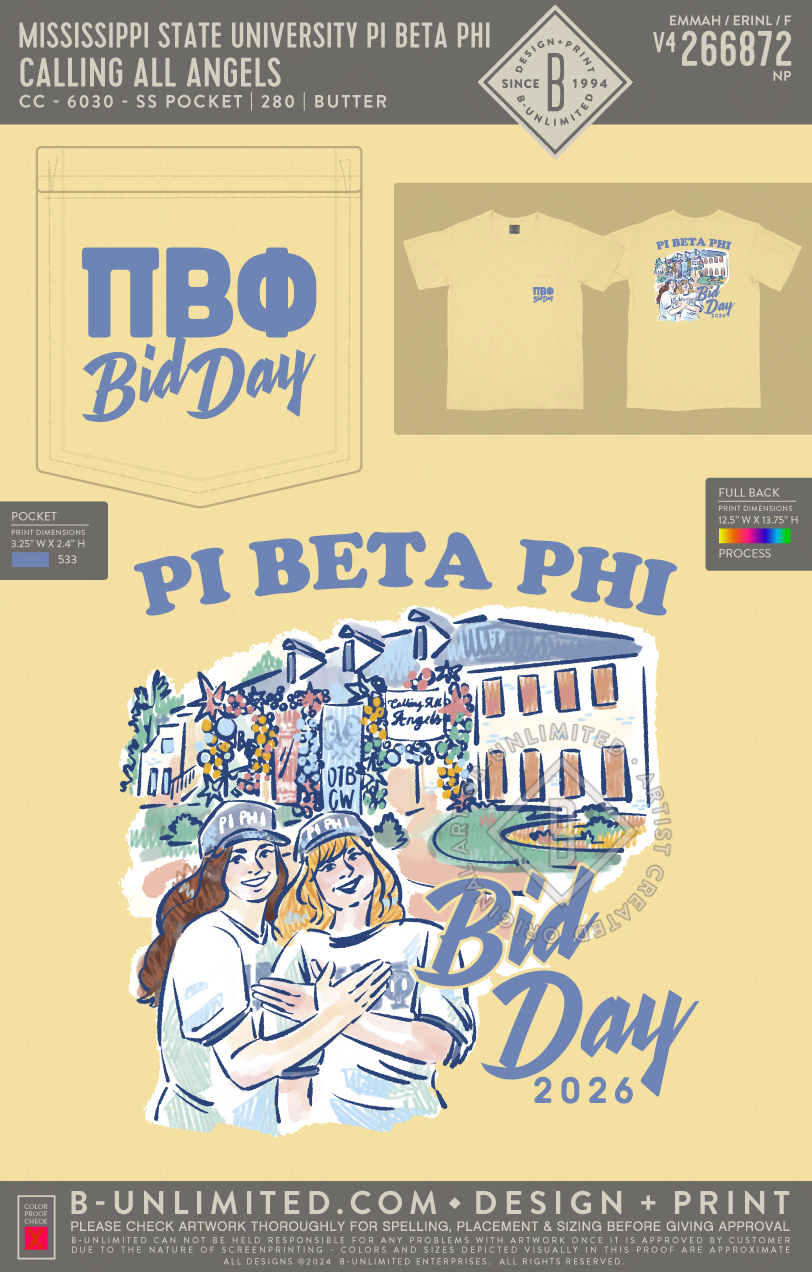 Mississippi State University Pi Beta Phi - Bid Day - Calling All Angels - CC - 6030 - SS Pocket - Butter