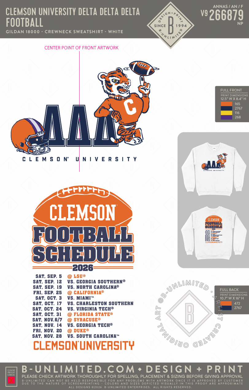 Clemson University Delta Delta Delta - Football - Gildan - 18000 - Crewneck Sweatshirt - White